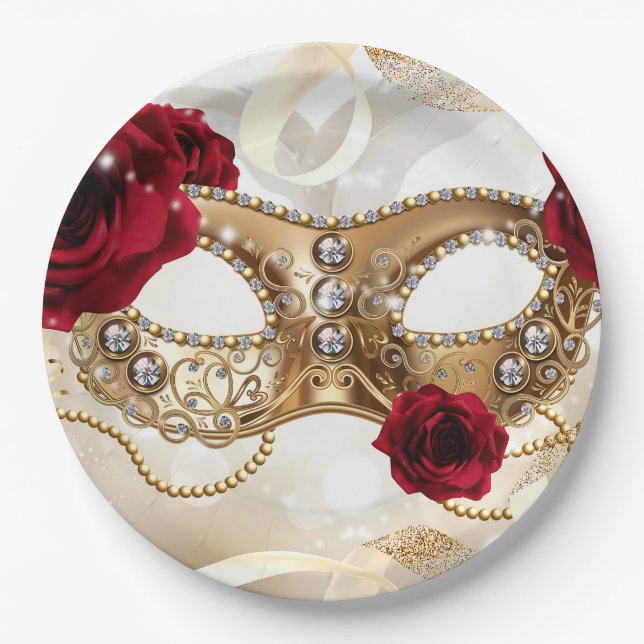 Assiettes En Carton Sweet sixteen 16 Crème Gold Masquerade Ball Party (Devant)