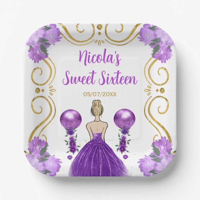 Assiettes En Carton Sweet sixteen Blonde Princesse en violet (Recto)