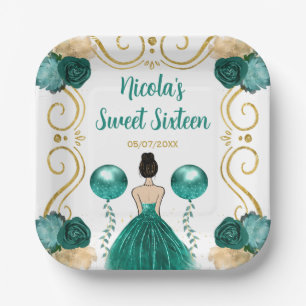 Assiettes En Carton Sweet sixteen Brown Hair Princesse en Turquoise
