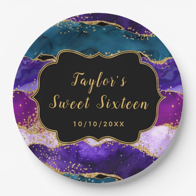 Assiettes En Carton Sweet sixteen d'Agate de Peacock violet et bleu (Devant)