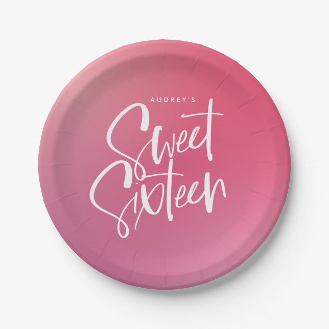 Assiettes En Carton Sweet sixteen de calligraphie rose violet (Devant)
