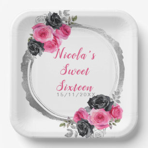 Assiettes En Carton Sweet sixteen de Fleurs Élégantes Rose et Argent C