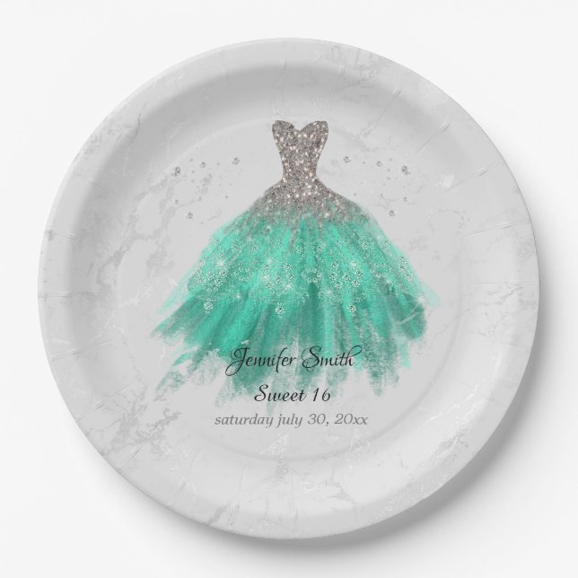 Assiettes En Carton Sweet sixteen de parties scintillant argent et rob (Devant)