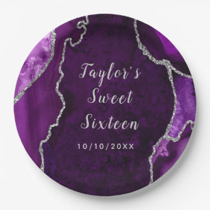 Assiettes En Carton Sweet sixteen en marbre violet et argenté