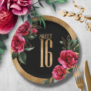 Assiettes En Carton Sweet sixteen Floral Gold Foil Black ID757