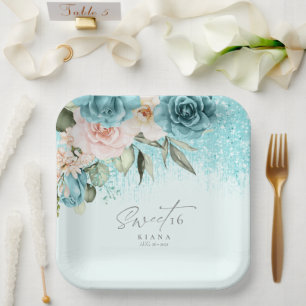 Assiettes En Carton Sweet sixteen Floral Sparkles ID Turquoise912