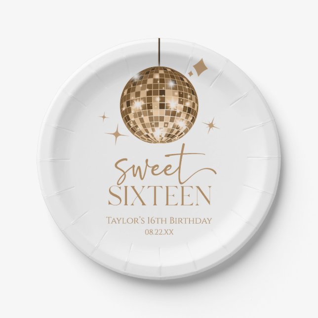 Assiettes En Carton Sweet sixteen Gold Disco Ball 16e fête d'anniversa (Devant)