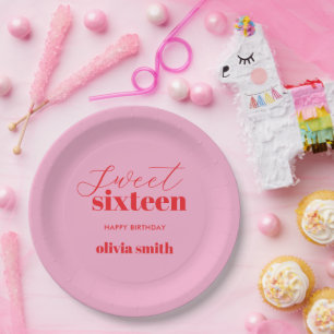 Assiettes En Carton Sweet sixteen moderne rouge rose 16e anniversaire