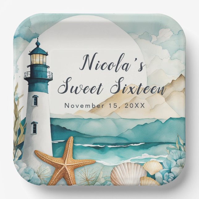 Assiettes En Carton Sweet sixteen phare Nautique Anniversaire (Recto)