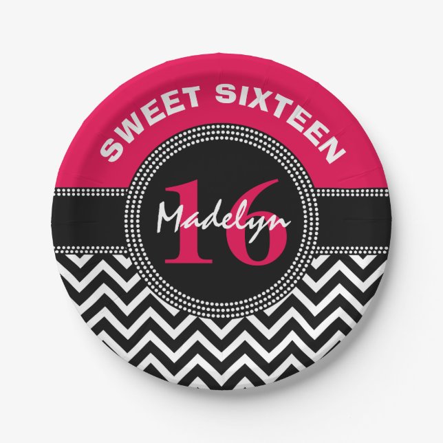 Assiettes En Carton Sweet sixteen rose Monogram Chevron (Devant)