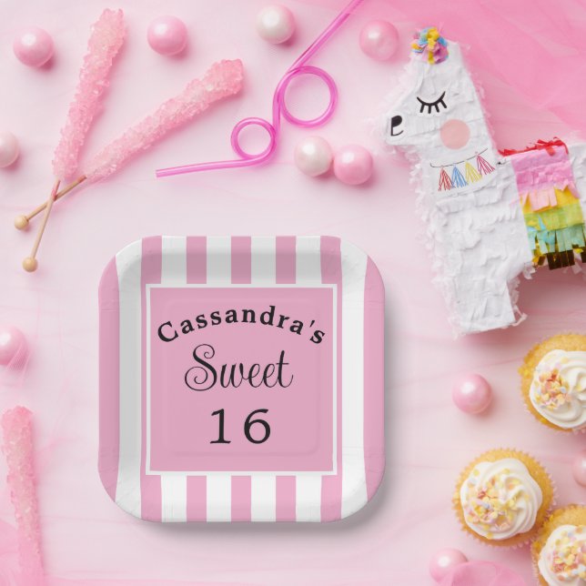 Assiettes En Carton Sweet sixteen rose rayure classique chic (Fête)