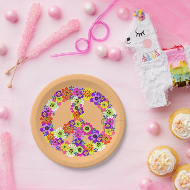 Assiettes En Carton SYMBOLE DE LA PAIX FLEURIE EN Peach (Fête)