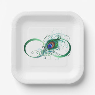 Assiettes En Carton Symbole d'infini avec plume de paon