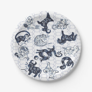 Assiettes En Carton Symboles Zodiac du Nouvel An bleu chinois