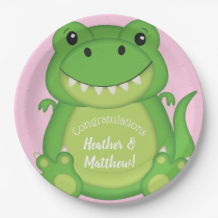 Assiettes En Carton T-Rex Dinosaur Baby shower rose
