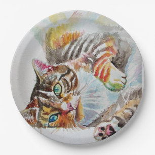 Assiettes En Carton Tabby Cat Aquarelle Anniversaire Plaque Papier