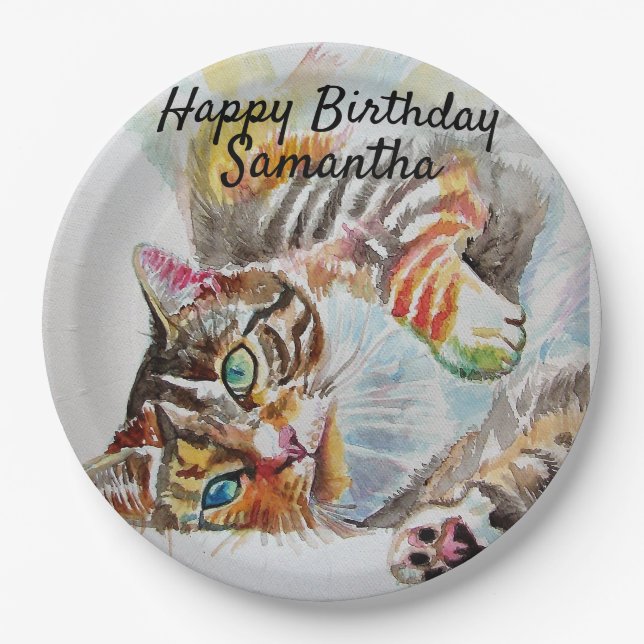 Assiettes En Carton Tabby Cat Aquarelle Anniversaire Plaque Papier (Devant)