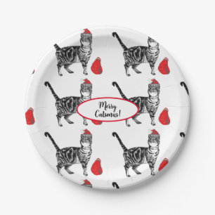 Assiettes En Carton Tabby Chat Noël Chats Rouge Blanc Drôle