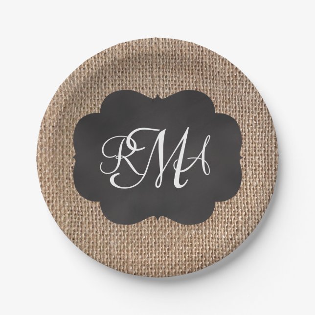 Assiettes En Carton Tableau de bord Burlap Look Triple Script monogram (Devant)