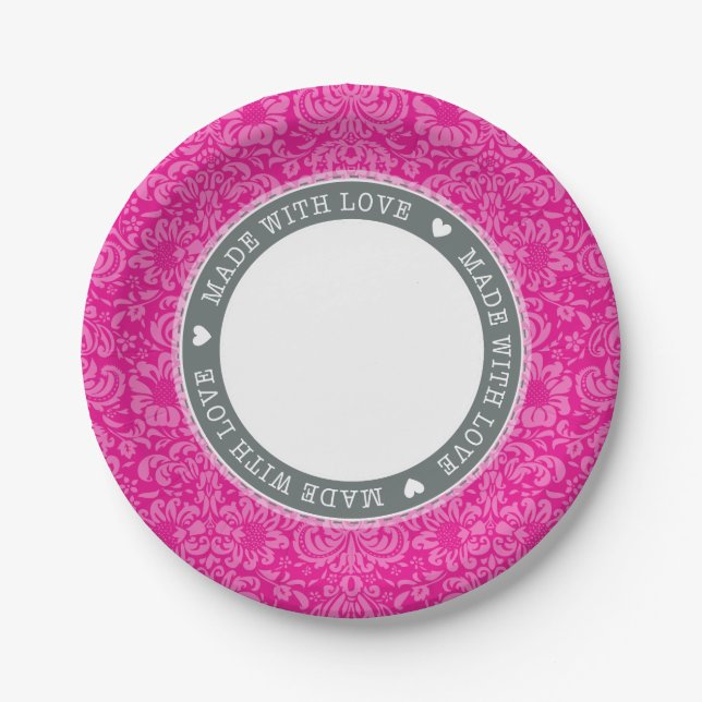 Assiettes En Carton TABLEAU STYLISE damassé fait avec amour gris rose (Devant)