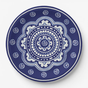 Assiettes En Carton Talavera bleu et blanc Cinq