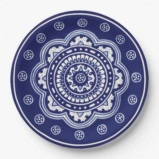 Assiettes En Carton Talavera bleu et blanc Cinq (Devant)