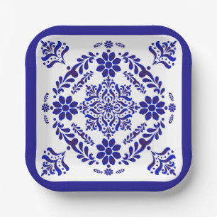 Assiettes En Carton Talavera bleu et blanc Trois Carrés