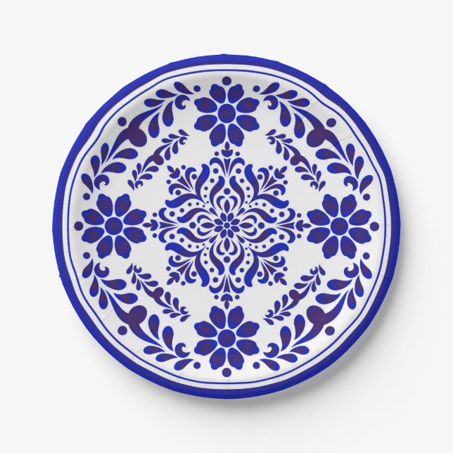 Assiettes En Carton Talavera trois bleu et blanc (Devant)