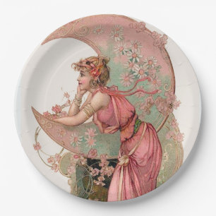 ASSIETTES EN CARTON TAROTS / DAME DE LA LUNE, FLEURS EN ROSE