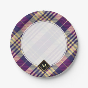Assiettes En Carton Tartan mauve, or et bleu