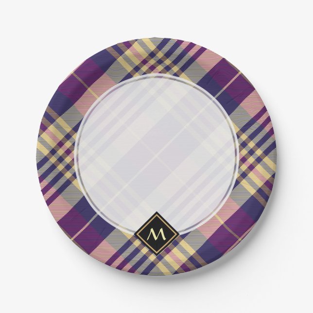 Assiettes En Carton Tartan mauve, or et bleu (Devant)