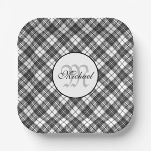 Assiettes En Carton Tartan motif Noël noir blanc Monogramme