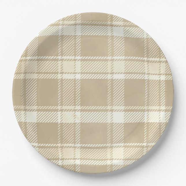 Assiettes En Carton Tartan Plaid en beige, crème et jaune pâle (Devant)