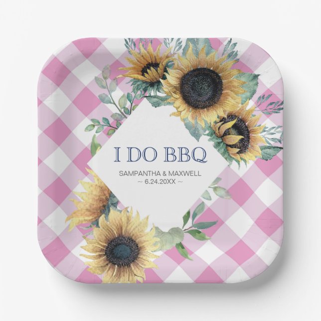 Assiettes En Carton Tartan rose et tournesol I Do BBQ Papier Plaque (Recto)