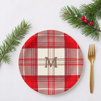 Assiettes En Carton tartan rouge et blanc monogramme personnalisé