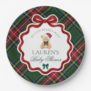 Assiettes En Carton Tartan Vert à Carreaux Ourson de Noël Baby Shower