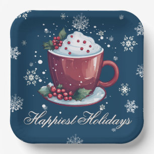 Assiettes En Carton Tasse de chocolat chaud de Noël   Bleu
