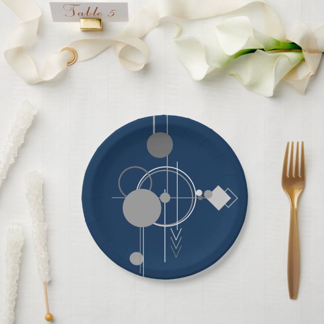 Assiettes En Carton Tattoos Line Art | Marine Abstraite bleu gris fonc (Mariage)