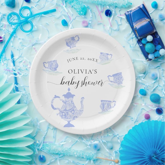 Assiettes En Carton Tea Party Blue China White Lace Boy Baby shower (Fête)