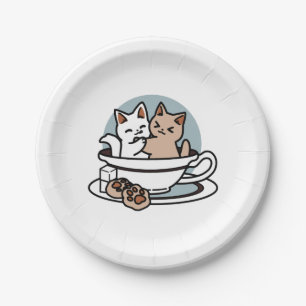 Assiettes En Carton Tea Time Meow Time - Cute Cat and Tea Design