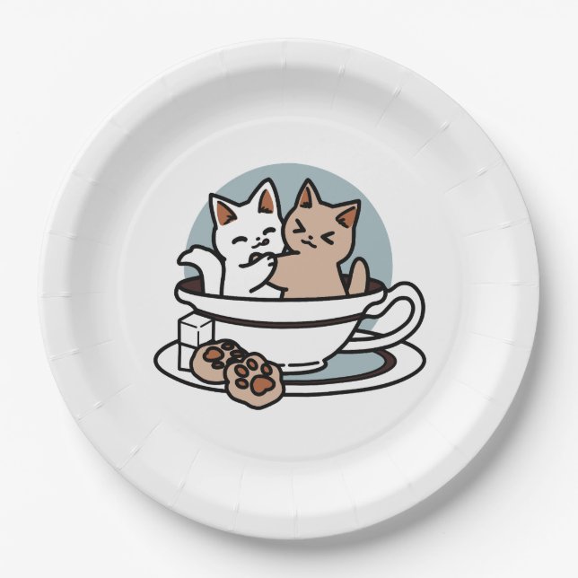 Assiettes En Carton Tea Time Meow Time - Cute Cat and Tea Design (Devant)