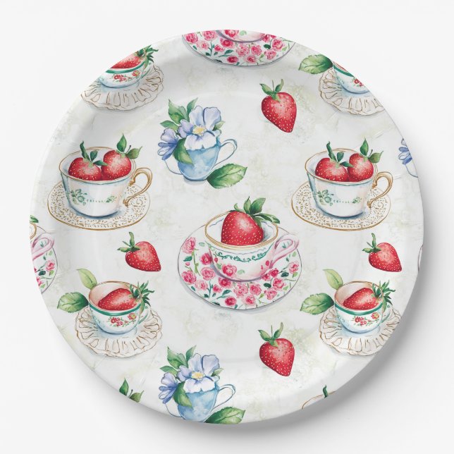 Assiettes En Carton Teacup de fraise vintage motif floral (Devant)