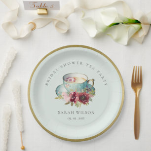 Assiettes En Carton Teacup turquoise Gold Floral Fête des mariées Tea 