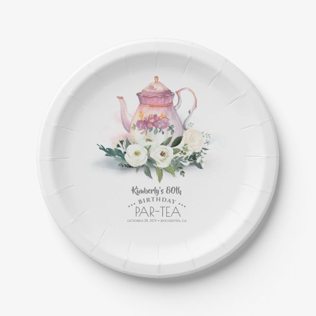 Assiettes En Carton Teapot Floral Anniversaire Par Thé (Devant)