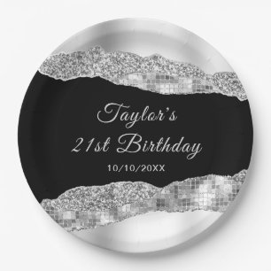 Assiettes En Carton Tears de Glam noir et d'argent Fête d'anniversaire