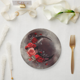 Assiettes En Carton Técherie Lune de croissant avec des roses rouges