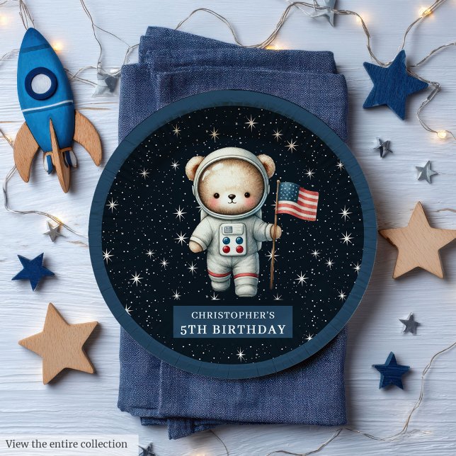 Assiettes En Carton Teddy Astronaut Personnalisé Boy Party Plaque (Personalized Teddy Astronaut Boy Party Plate)