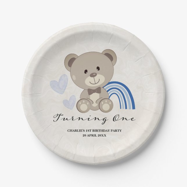 Assiettes En Carton Teddy Bear 1er Anniversaire bleu (Devant)