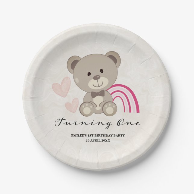 Assiettes En Carton Teddy Bear 1er Anniversaire Plaques de papier rose (Devant)