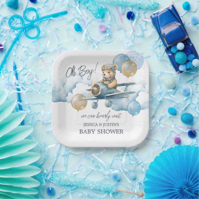 Assiettes En Carton Teddy Bear Air Plane Plaque en papier bleu (Fête)